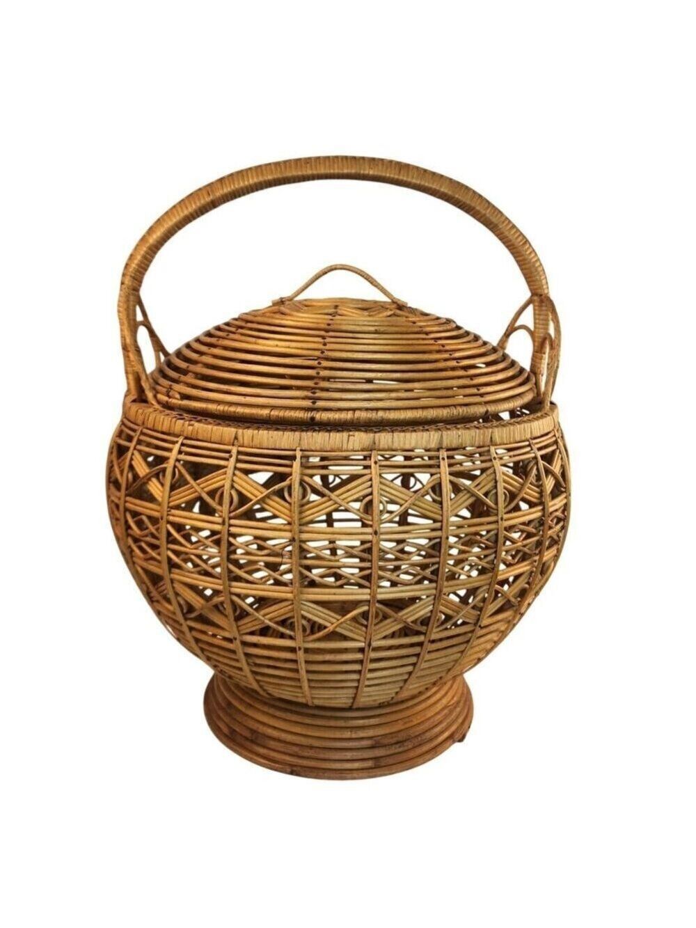 Handwoven Lidded Basket Rattan Decorative Storage Large Handcraft